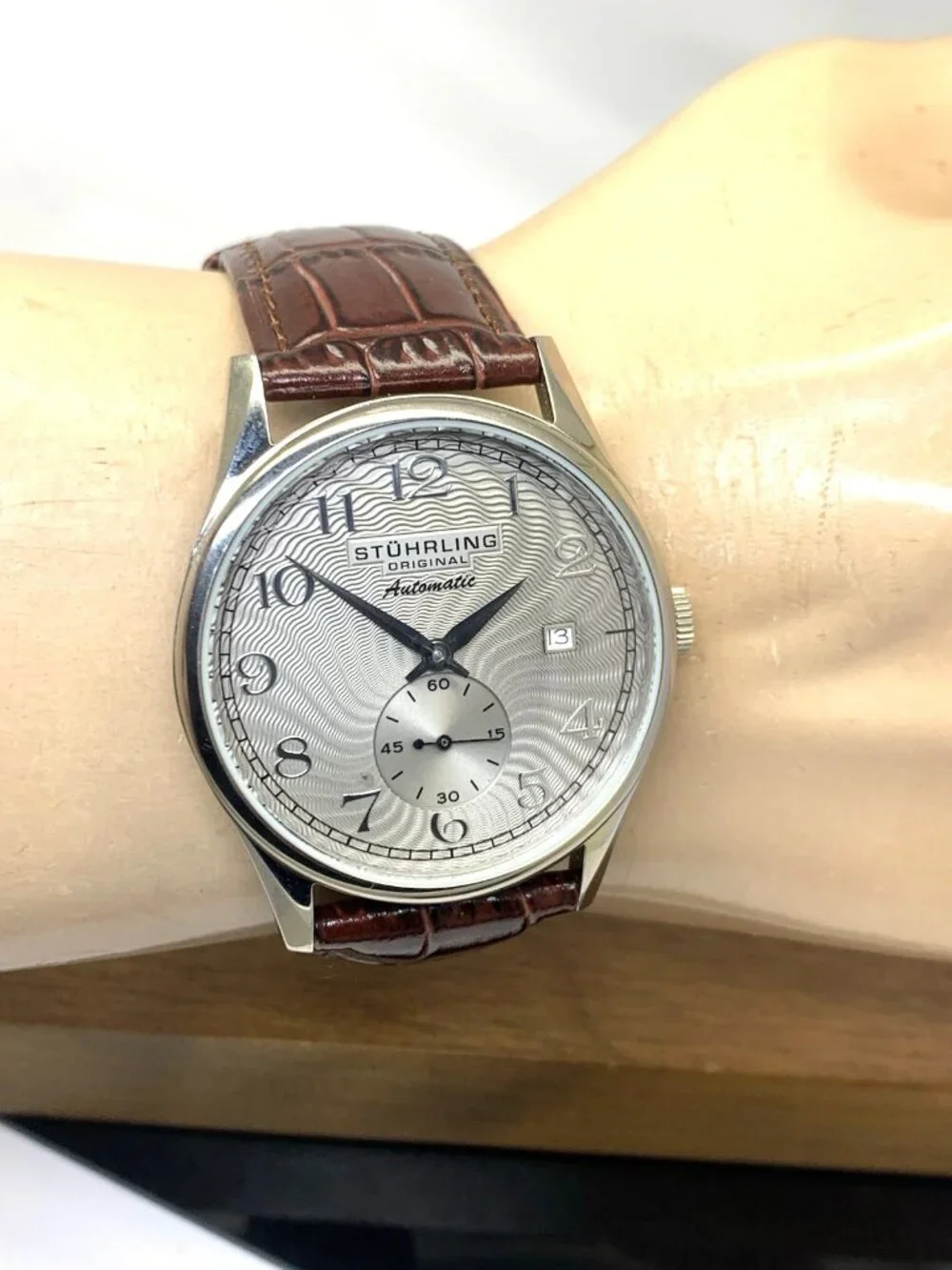 Stuhrling Men's Watch 171 Automatic Gray Dial Silver Brown Leather Band 40mm